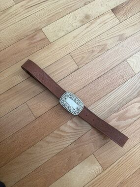 Tooled Brown Leather Western Belt with Ornate Silver Buckle
